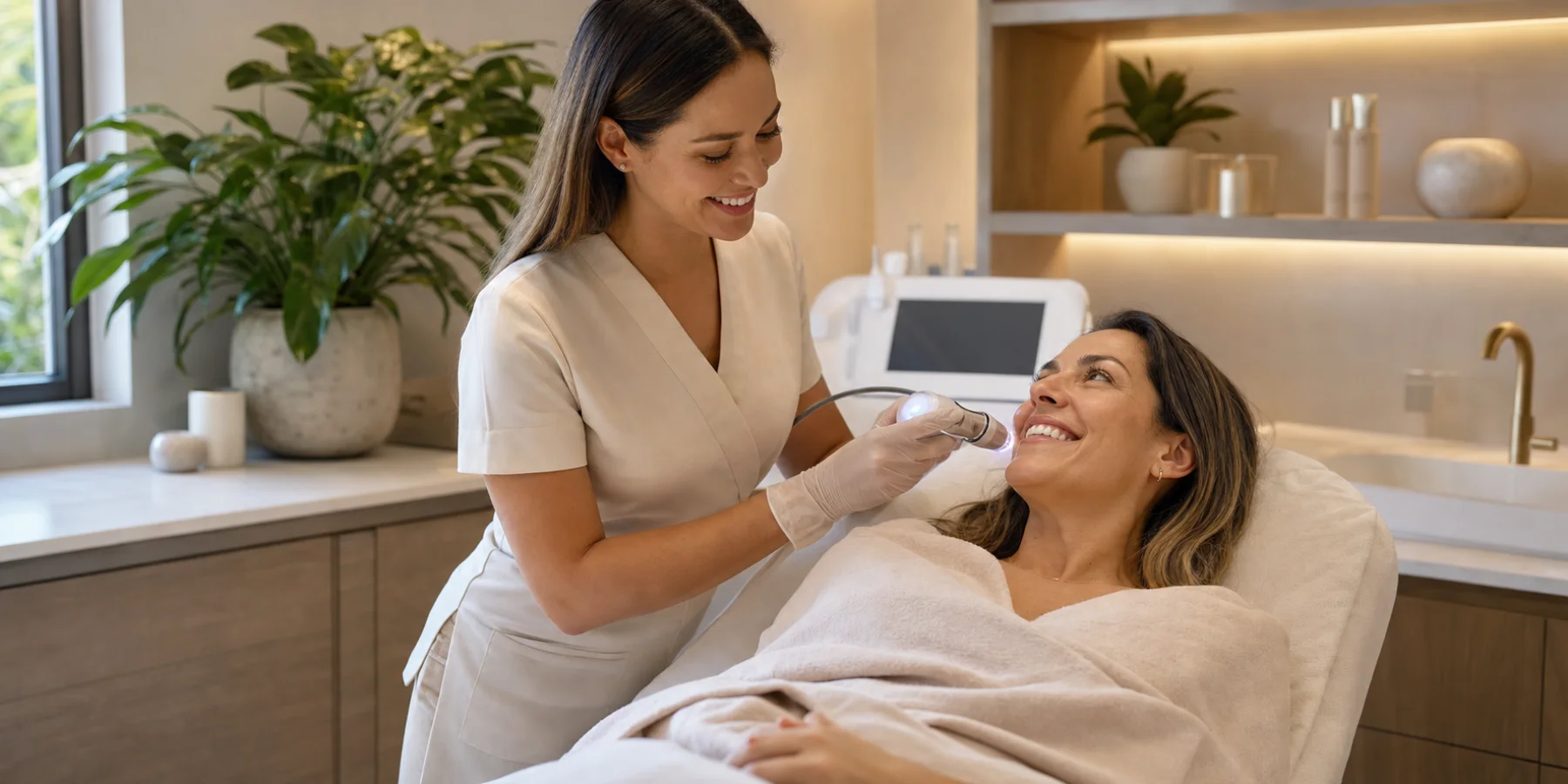 A smiling patient receiving a facial treatment from her aesthetic practitioner
